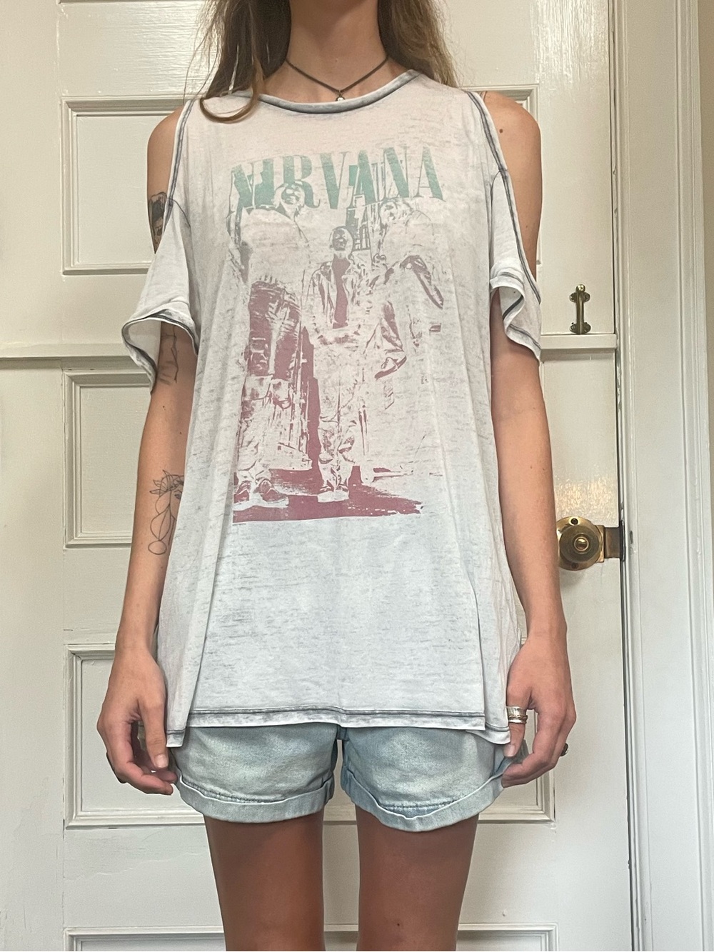 Nirvana Light Gray Cold-Shoulder Band Tee